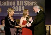 20 November 2004; Mary Nevin of Dublin receives her Ladies Football All-Star award from An Taoiseach Bertie Ahern TD and President of the Ladies Football Association Geraldine Giles at the O'Neills / TG4 Ladies Football All-Stars. Citywest, Dublin. Picture credit; Brendan Moran / SPORTSFILE