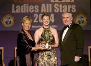 20 November 2004; Lisa Cohill of Galway receives her Ladies Football All-Star award from An Taoiseach Bertie Ahern TD, and President of the Ladies Football Association Geraldine Giles at the O'Neills / TG4 Ladies Football All-Stars. Citywest, Dublin. Picture credit; Brendan Moran / SPORTSFILE