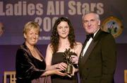 20 November 2004; Helena Bohan of Mayo receives her Ladies Football All-Star award from An Taoiseach Bertie Ahern TD, and President of the Ladies Football Association Geraldine Giles at the O'Neills / TG4 Ladies Football All-Stars. Citywest, Dublin. Picture credit; Brendan Moran / SPORTSFILE