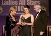 20 November 2004; Ruth Stevens of Galway receives her Ladies Football All-Star award from An Taoiseach Bertie Ahern TD, and President of the Ladies Football Association Geraldine Giles at the O'Neills / TG4 Ladies Football All-Stars. Citywest, Dublin. Picture credit; Brendan Moran / SPORTSFILE
