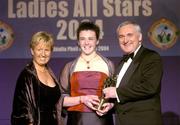 20 November 2004; Cliodhna O'Connor of Dublin receives her Ladies Football All-Star award from An TAoiseach Bertie Ahern TD, and President of the Ladies Football Association Geraldine Giles at the O'Neills / TG4 Ladies Football All-Stars. Citywest, Dublin. Picture credit; Brendan Moran / SPORTSFILE