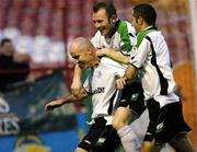 21 November 2004; Derek Treacy, left, celebrates with team-mates Trevor Molloy and Paul Caffrey, right, after scoring his sides second goal. eircom League, Premier Division, Dublin City v Shamrock Rovers, Tolka Park, Dublin. Picture credit; Brian Lawless / SPORTSFILE