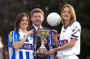 23 November 2004; Opposing captains in the AIB All-Ireland Ladies Club Senior Football Final, Karen Hopkins, left, of Ballyboden St Endas, and Juliet Murphy, Donaghmore, Cork, with Billy Finn, AIB, at a photocall ahead of the AIB Ladies Football All-Ireland Club Finals with the Senior and Junior Finals on Sunday next, 28th November, and the Intermediate Final on Sunday 5th December. AIB Bankcentre, Ballsbridge, Dublin. Picture credit; Brendan Moran / SPORTSFILE