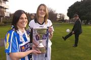 23 November 2004; Opposing captains in the AIB All-Ireland Ladies Club Senior Football Final, Karen Hopkins, left, of Ballyboden St Endas, and Juliet Murphy, Donaghmore, Cork, with Billy Finn, AIB, at a photocall ahead of the AIB Ladies Football All-Ireland Club Finals with the Senior and Junior Finals on Sunday next, 28th November, and the Intermediate Final on Sunday 5th December. AIB Bankcentre, Ballsbridge, Dublin. Picture credit; Brendan Moran / SPORTSFILE