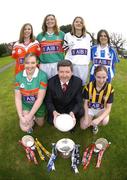 23 November 2004; The AIB Ladies Football All-Ireland Club Finals take place shortly with the Senior and Junior Finals on Sunday next, 28th November and the Intermediate Final on Sunday 5th December. Pictured at a photocall ahead of the FInals are, back, from left, Intermediate Finalsts, Sarah Fullerton of Tyholland, Monaghan and Sile Sammon of St Brigid's, Roscommon, Senior Finalists Juliet Murphy, Donaghmore, Cork and Karen Hopkins, Ballyboden St Endas, Dublin. Front, from left, are, Junior Finalists, Voureen Quigley of Inniskeen, Monaghan and Noreen Fealy of Abbeydorney, Kerry, with Billy Finn of AIB. AIB Bankcentre, Ballsbridge, Dublin. Picture credit; Brendan Moran / SPORTSFILE