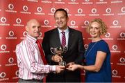 2 November 2013; John Wallnutt, left, representing Piranha TC, Co. Dublin, accepts the Vodafone Race of the Year award from Minister for Transport, Tourism and Sport Leo Varadkar T.D., and Anne O’Leary, CEO of Vodafone Ireland, at the Triathlon Ireland Awards Dinner 2013, sponsored by Vodafone, in the Aviva Stadium, Lansdowne Road, Dublin. Photo by Sportsfile