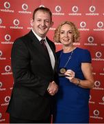 2 November 2013; Anne O'Leary, Piranah TC, Co. Dublin, receiving her National Series bronze medal from Gerry Nixon, Brand and Communications Manager, Vodafone Ireland, at the Triathlon Ireland Awards Dinner 2013, sponsored by Vodafone, in the Aviva Stadium, Lansdowne Road, Dublin. Photo by Sportsfile