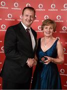 2 November 2013; Aine Ni Fhatharta, TriSport TC, Moycullen, Co. Galway, receiving her National Series bronze medal from Gerry Nixon, Brand and Communications Manager, Vodafone Ireland, at the Triathlon Ireland Awards Dinner 2013, sponsored by Vodafone, in the Aviva Stadium, Lansdowne Road, Dublin. Photo by Sportsfile