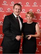 2 November 2013; Margaret Kelly, 24/7 TC, Letterkenny, Co. Donegal, receiving her National Series bronze medal from Gerry Nixon, Brand and Communications Manager, Vodafone Ireland, at the Triathlon Ireland Awards Dinner 2013, sponsored by Vodafone, in the Aviva Stadium, Lansdowne Road, Dublin. Photo by Sportsfile