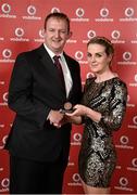 2 November 2013; atie Fitzgerald, Piranah TC, Co. Dublin, receiving her National Series bronze medal from Gerry Nixon, Brand and Communications Manager, Vodafone Ireland, at the Triathlon Ireland Awards Dinner 2013, sponsored by Vodafone, in the Aviva Stadium, Lansdowne Road, Dublin. Photo by Sportsfile