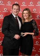 2 November 2013; Jennifer O'Connell, T3 TC, Co. Dublin, receiving her National Series bronze medal from Gerry Nixon, Brand and Communications Manager, Vodafone Ireland, at the Triathlon Ireland Awards Dinner 2013, sponsored by Vodafone, in the Aviva Stadium, Lansdowne Road, Dublin. Photo by Sportsfile