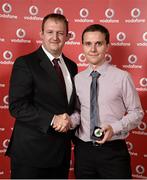 2 November 2013; Charles Maltha, Belpark TC, Co. Dublin, receiving his National Series bronze medal from Gerry Nixon, Brand and Communications Manager, Vodafone Ireland, at the Triathlon Ireland Awards Dinner 2013, sponsored by Vodafone, in the Aviva Stadium, Lansdowne Road, Dublin. Photo by Sportsfile