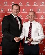 2 November 2013; Paul Minahan, Trilogy TC, Athy, Co. Kildare, receiving his National Series bronze medal from Gerry Nixon, Brand and Communications Manager, Vodafone Ireland, at the Triathlon Ireland Awards Dinner 2013, sponsored by Vodafone, in the Aviva Stadium, Lansdowne Road, Dublin. Photo by Sportsfile