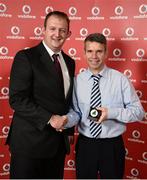 2 November 2013; Liam Liddy, Limerick TC, Co. Limerick, receiving his National Series bronze medal from Gerry Nixon, Brand and Communications Manager, Vodafone Ireland, at the Triathlon Ireland Awards Dinner 2013, sponsored by Vodafone, in the Aviva Stadium, Lansdowne Road, Dublin. Photo by Sportsfile