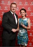2 November 2013; Joanne Bingham, Olympian TC, Belfast, Co. Antrim, receiving her National Series silver medal from Gerry Nixon, Brand and Communications Manager, Vodafone Ireland, at the Triathlon Ireland Awards Dinner 2013, sponsored by Vodafone, in the Aviva Stadium, Lansdowne Road, Dublin. Photo by Sportsfile