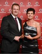 2 November 2013; Anne McGrane, Wicklow TC, Belfast, Co. Antrim, receiving her National Series silver medal from Gerry Nixon, Brand and Communications Manager, Vodafone Ireland, at the Triathlon Ireland Awards Dinner 2013, sponsored by Vodafone, in the Aviva Stadium, Lansdowne Road, Dublin. Photo by Sportsfile
