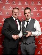 2 November 2013; Brian Harris, Wicklow TC, receiving his National Series silver medal from Gerry Nixon, Brand and Communications Manager, Vodafone Ireland, at the Triathlon Ireland Awards Dinner 2013, sponsored by Vodafone, in the Aviva Stadium, Lansdowne Road, Dublin. Photo by Sportsfile