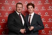 2 November 2013;  Emmet Mullen Northwest TC, Co. Derry, receiving his National Series silver medal from Gerry Nixon, Brand and Communications Manager, Vodafone Ireland, at the Triathlon Ireland Awards Dinner 2013, sponsored by Vodafone, in the Aviva Stadium, Lansdowne Road, Dublin. Photo by Sportsfile