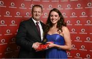 2 November 2013; Rachel Hawker, Kenmare TC, Co. Kerry, receiving her National Series gold medal from Gerry Nixon, Brand and Communications Manager, Vodafone Ireland, at the Triathlon Ireland Awards Dinner 2013, sponsored by Vodafone, in the Aviva Stadium, Lansdowne Road, Dublin. Photo by Sportsfile
