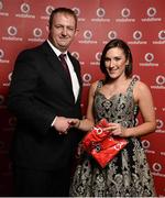 2 November 2013; Siobhan Gallagher, Sligo TC, receiving her National Series gold medal from Gerry Nixon, Brand and Communications Manager, Vodafone Ireland, at the Triathlon Ireland Awards Dinner 2013, sponsored by Vodafone, in the Aviva Stadium, Lansdowne Road, Dublin. Photo by Sportsfile