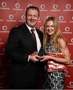 2 November 2013; Vanessa Fenton, 3D TC, Co. Dublin, receiving her National Series gold medal from Gerry Nixon, Brand and Communications Manager, Vodafone Ireland, at the Triathlon Ireland Awards Dinner 2013, sponsored by Vodafone, in the Aviva Stadium, Lansdowne Road, Dublin. Photo by Sportsfile