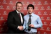 2 November 2013; Rory Sexton, Go Tri, Co. Clare, receiving the Vodafone National Series award for 2nd Overall Male from Gerry Nixon, Brand and Communications Manager, Vodafone Ireland, at the Triathlon Ireland Awards Dinner 2013, sponsored by Vodafone, in the Aviva Stadium, Lansdowne Road, Dublin. Photo by Sportsfile
