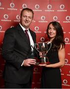 2 November 2013; Anna Crooks, GoTri, Gort, Co. Galway receiving the Vodafone National Series award for 1st Overall Female from Gerry Nixon, Brand and Communications Manager, Vodafone Ireland, at the Triathlon Ireland Awards Dinner 2013, sponsored by Vodafone, in the Aviva Stadium, Lansdowne Road, Dublin. Photo by Sportsfile