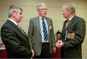 4 November 2013; In attendance at the book launch of 'The GAA & Radio Éireann 1926-2010' are, from left, Martin Skelly, Chairman of the Leinster Council of the GAA, Gearóid Ó Laoí, son of Tomás Ó Laoí, who features in the book, and Michéal Ó Muircheartaigh. The Book is a profile of 20 of the 23 commentators who broadcast Gaelic Games on 2RN/Radio Éireann/Raidio Teilifís Éireann and its interaction with the GAA from 1926 to 2010. Simply put, it is a history of the GAA and RTE in the development of GAA broadcasting. RTÉ Sports & Social Club, Donnybrook, Dublin. Picture credit: Brendan Moran / SPORTSFILE