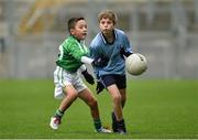 5 November 2013; Peadar MacManáis, right, Scoil Lorcáin Monkstown, Dublin, in action against Harry Kelly, Clonburris N.S. Clondalkin, Dublin. Allianz Cumann na mBunscol Football Finals, Croke Park, Dublin. Picture credit: Barry Cregg / SPORTSFILE