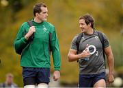 5 November 2013; Ireland's Devin Toner, left, and Mike McCarthy arrive for squad training ahead of their Guinness Series International match against Samoa on Saturday. Ireland Rugby Squad Training, Carton House, Maynooth, Co. Kildare. Picture credit: Brendan Moran / SPORTSFILE