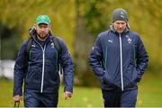 5 November 2013; Ireland scrum coach Greg Feek, left, and forwards coach John Plumtree arrive for squad training ahead of their Guinness Series International match against Samoa on Saturday. Ireland Rugby Squad Training, Carton House, Maynooth, Co. Kildare. Picture credit: Brendan Moran / SPORTSFILE