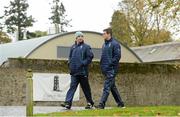 5 November 2013; Ireland's Jonathan Sexton and video analyst Eoin Toolin arrive for squad training ahead of their Guinness Series International match against Samoa on Saturday. Ireland Rugby Squad Training, Carton House, Maynooth, Co. Kildare. Picture credit: Brendan Moran / SPORTSFILE