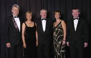 20 November 2004; Tony Towell, O'Neills, left, Geraldine Giles, President of the Ladies Football Association, An Taoiseach Bertie Ahern TD, Helen O'Rourke, second from right, Chief Executive of the Ladies Football Association and Pol O Geallachoir of TG4, right, at the O'Neills / TG4 Ladies Football All-Stars. Citywest, Dublin. Picture credit; Brendan Moran / SPORTSFILE