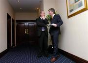 26 November 2004; John Delaney, right, FAI new interim Chief Executive Officer, with Tadhg O'Halloran, Business Operations manager, after an FAI Press Conference. Jury's Hotel, Ballsbridge, Dublin. Picture credit; David Maher / SPORTSFILE