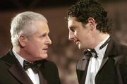 26 November 2004; Former Offaly goalkeeper who was also the first ever All-Star in conversation with Kerry's Paul Galvin, who is the recipient of the 1000th All-Star award, at the 2004 Vodafone GAA All-Star Awards. Citywest, Dublin. Picture credit; Brendan Moran / SPORTSFILE