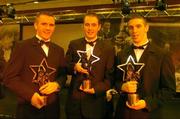 26 November 2004; Fermanagh Vodafone All-Star award winners, Martin McGrath, left, Young Footballer of the Year Niall Tinney, centre, and Barry Owens at the 2004 Vodafone GAA All-Star Awards. Citywest, Dublin. Picture credit; Brendan Moran / SPORTSFILE