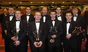 26 November 2004; Cork hurling All-Stars, back Row l to r; Diarmuid O'Sullivan, Sean Og O h'Ailpin, Brian Corcoran, Ronan Curran, manager Donal O'Grady. Front row l to r; Niall McCarthy, Wayne Sherlock, Brian Murphy, Young hurler of the year, and Jerry O'Connor. at the 2004 Vodafone GAA All-Star Awards. Citywest, Dublin. Picture credit; Ray McManus / SPORTSFILE