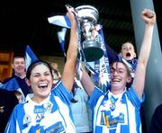 28 November 2004; Ballyboden St. Enda's captain Karen Hopkins lifts the Dolores Tyrrell Memorial Cup with team-mate Aisling Farrelly, right. AIB Ladies Club All-Ireland Senior Football Final, Donaghmore v Ballyboden St. Enda's, St. Brendan's Park, Birr, Co. Offaly. Picture credit; Pat Murphy / SPORTSFILE