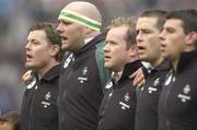 20 November 2004; Ireland players from left to right Brian O'Driscoll, captain, John Hayes, Frank Sheahan, Marcus Horan and Denis Leamy sing the national anthem. Leamy Rugby International, Ireland v USA, Lansdowne Road, Dublin. Picture credit; Damien Eagers / SPORTSFILE
