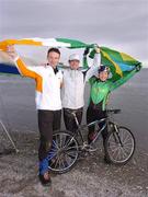 30 November 2004; 2004 Irish Hand Gliding champion Geoff McMahon, left, with Olympic rower Gearoid Towey, centre, and Olympic mountain biker Tarja Owens on Sandymount beach as they made final preparations before heading off to compete in a unique international sports event 'Red Bull Giants of Rio' in Rio De Janeiro, Brazil on Sunday 5th December. Sandymount Beach, Dublin. Picture credit; David Maher / SPORTSFILE