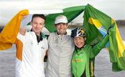 30 November 2004; 2004 Irish Hand Gliding champion Geoff McMahon, left, with Olympic rower Gearoid Towey, centre, and Olympic mountain biker Tarja Owens on Sandymount beach after making final preparations before heading off to compete in a unique international sports event 'Red Bull Giants of Rio' in Rio De Janeiro, Brazil on Sunday 5th December. Sandymount Beach, Dublin. Picture credit; David Maher / SPORTSFILE