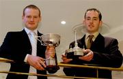 30 November 2004; Young Rally Driver of the year Eamon McElvaney, Monaghan, left, with the Billy Coleman Award and Eoin Murray, Young Racing Driver of the Year, with the Dunlop Sexton Trophy, at the Alfa Romeo / Motorsport Ireland Awards for Excellence in Irish Motorsport 2004. Conrad Hotel, Dublin. Picture credit; Pat Murphy / SPORTSFILE