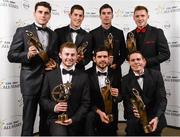 8 November 2013; Dublin footballers with their 2013 GAA GPA All-Star awards, sponsored by Opel, back row, from left, Bernard Brogan, Rory O'Carroll, Footballer of the Year Michael Darragh Macauley and Paul Flynn, with front row, from left,  Young Player of the Year Jack McCaffrey, Cian O'Sullivan and Stephen Cluxton at the 2013 GAA GPA All-Star awards in Croke Park, Dublin. Photo by Sportsfile