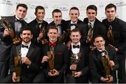 8 November 2013; Dublin hurlers and footballers with their 2013 GAA GPA All-Star awards, sponsored by Opel, back row, from left, Bernard Brogan, Rory O'Carroll, Peter Kelly, Liam Rushe, Danny Sutcliffe, and Footballer of the Year Michael Darragh Macauley, with front row, from left,  Cian O'Sullivan, Paul Flynn, Young Player of the Year Jack McCaffrey and Stephen Cluxton at the 2013 GAA GPA All-Star awards in Croke Park, Dublin. Picture credit: Stephen McCarthy / SPORTSFILE