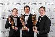 8 November 2013; Monaghan footballers Colin Walshe, left, and Conor McManus, right, with Tyrone footballer Sean Cavanagh and their 2013 GAA GPA All-Star award, sponsored by Opel, at the 2013 GAA GPA All-Star awards in Croke Park, Dublin. Photo by Sportsfile