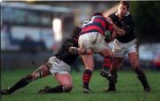 2 January 1999; Craig Brownlie of Clontarf is tackled by Derek Topping, left, and Derek McAleese of Ballymena during the AIB All-Ireland League League Dvision 1 match between Clontarf RFC and Ballymena RFC at Castle Avenue in Clontarf, Dubllin. Photo by Brendan Moran/Sportsfile