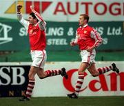 7 February 1999; Colin Hawkins, left, and Stephen McGuinness of St Patrick's Athletic celebrate after Trevor Molloy, not pictured, scores his side's opening goal during the Harp Lager FAI Cup Second Round match between St Patrick's Athletic and UCD at Richmond Park in Dublin. Photo by Damien Eagers/Sportsfile