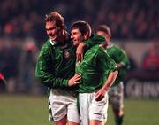 10 February 1999; Denis Irwin of Republic of Ireland, right, celebrates after scoring his side's first goal with team-mate Jason McAteer during the International Friendly match between Republic of Ireland and Paraguay at Lansdowne Road in Dublin. Photo by Matt Browne/Sportsfile