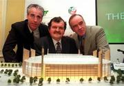 20 January 1999; FAI Chief Executive Bernard O'Byrne, centre, with Republic of Ireland manager Mick McCarthy, left, and FAI President Pat Quigley, right, at the announcement of The Arena, Ireland's first ever multifunctional all seater venue. The Arena will have a 45,000 capacity, and will be built at Citywest, Dublin. The announcement was at the Burlington Hotel in Dublin. Photo by David Maher/Sportsfile