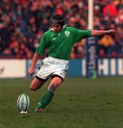6 February 1999; David Humphreys of Ireland kicks a penalty during the Five Nations Championship match between Ireland and France at Lansdowne Road in Dublin. Photo by Matt Browne/Sportsfile
